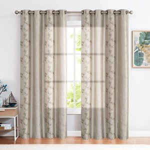 Faux Silk Floral Embroidered Grommet Top Curtains